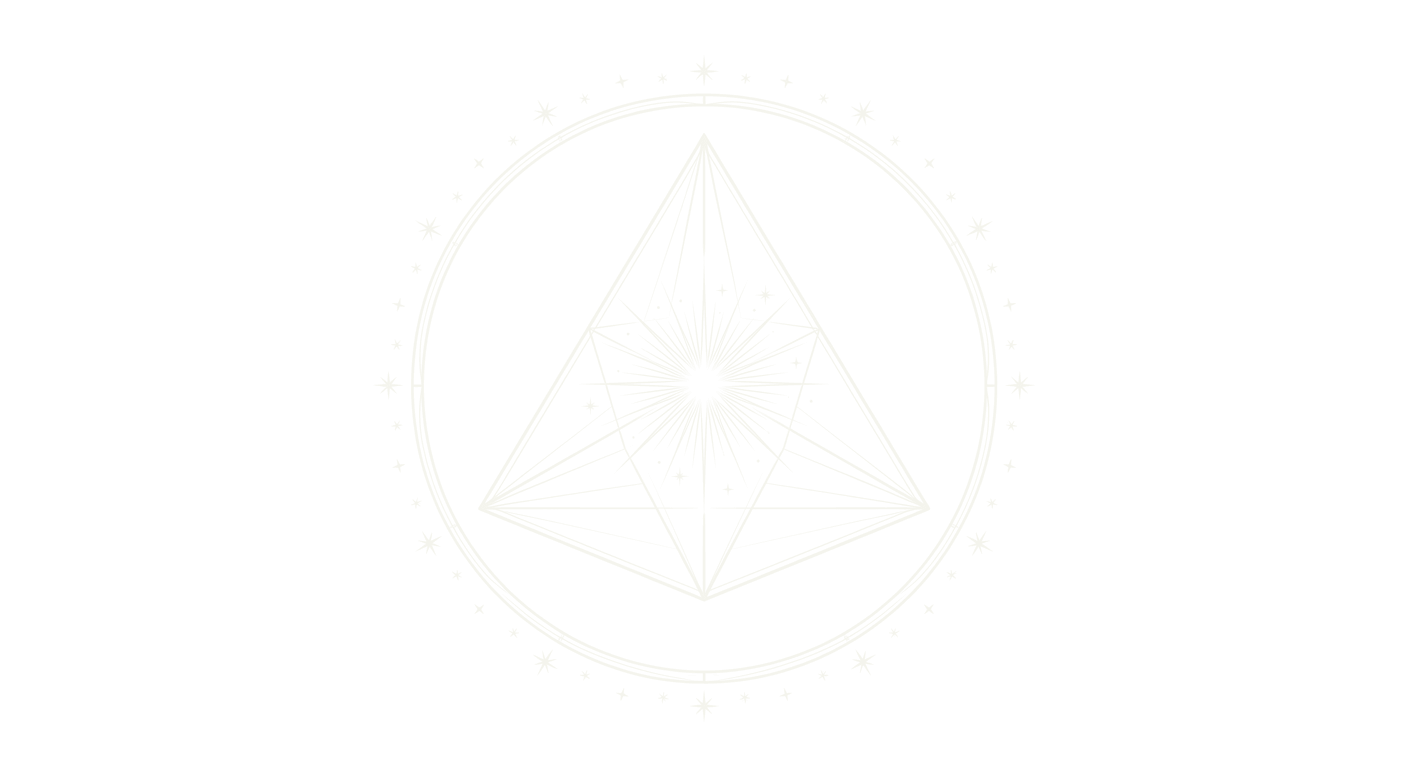 Tetraedro com brilho central e anel de estrelas, motivo geométrico